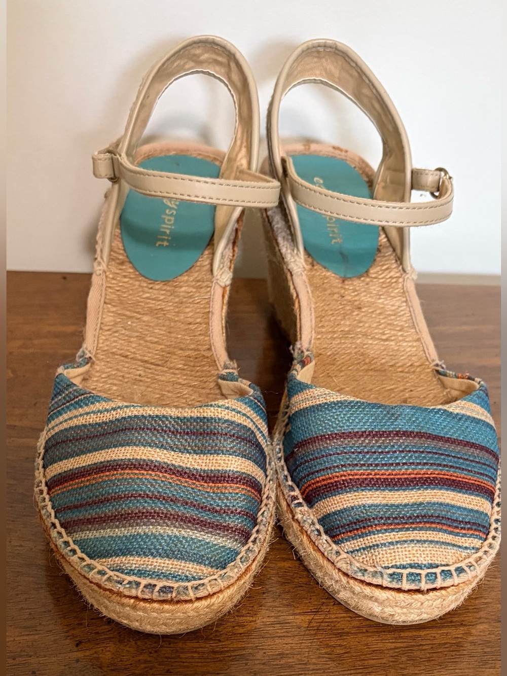 Easy Spirit Teal and Cream Striped Wedge Espadrilles